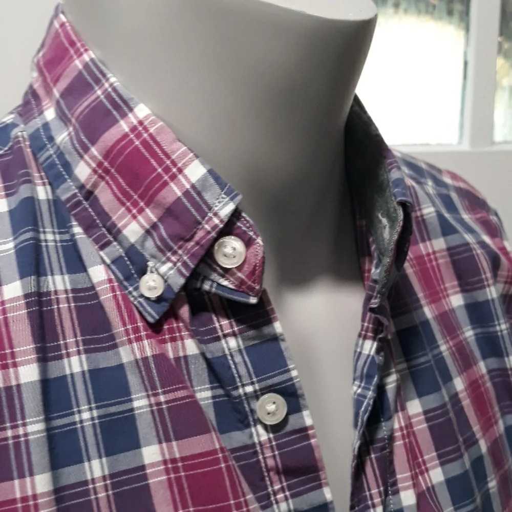 J. Crew mens purple and blue plaid cotton shirt. Medium